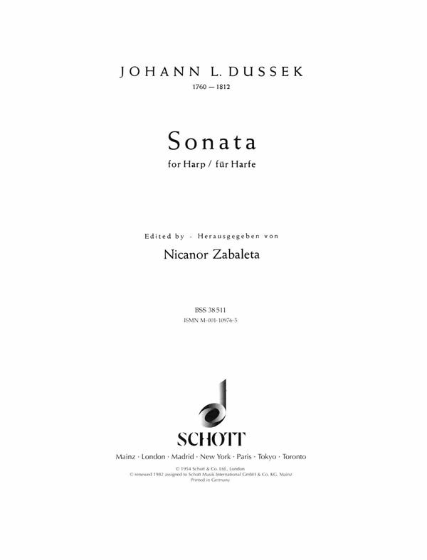 Harp Sheet Music Sonata in C Minor/Zabaleta by DUSSEK, S.